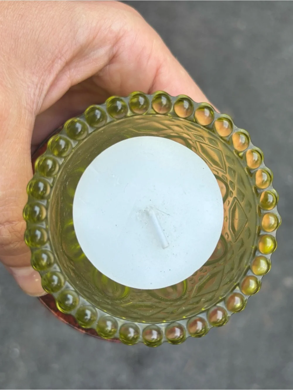Green Pressed Glass Votive Holder on Rustic Wolf Stand